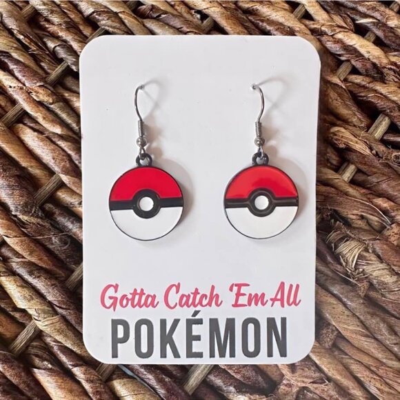 New Handmade "Gotta Catch 'Em All" Poké Ball Dangle Earrings (1.5” l x 0.75” w) - Picture 1 of 4